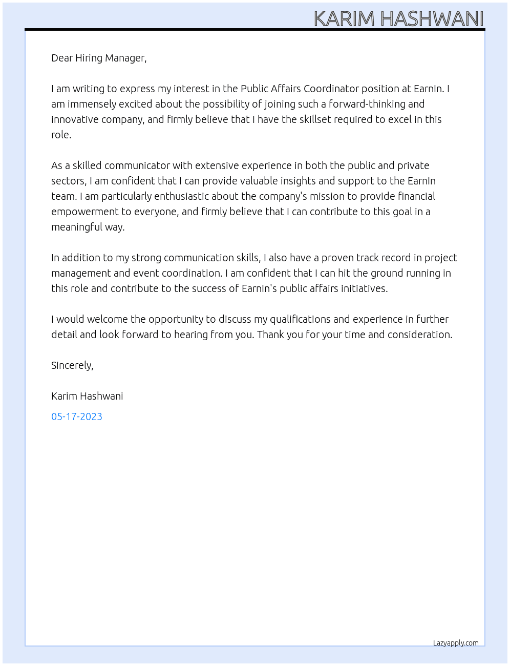 Public Affairs Coordinator At EarnIn Cover Letter