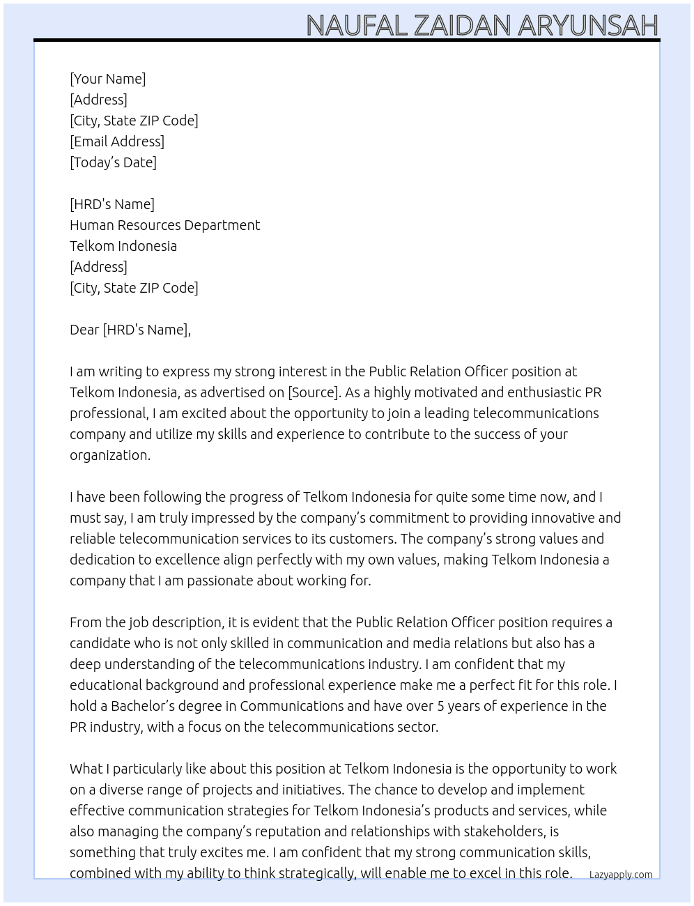 Public Relation Officer At Telkom Indonesia Cover Letter