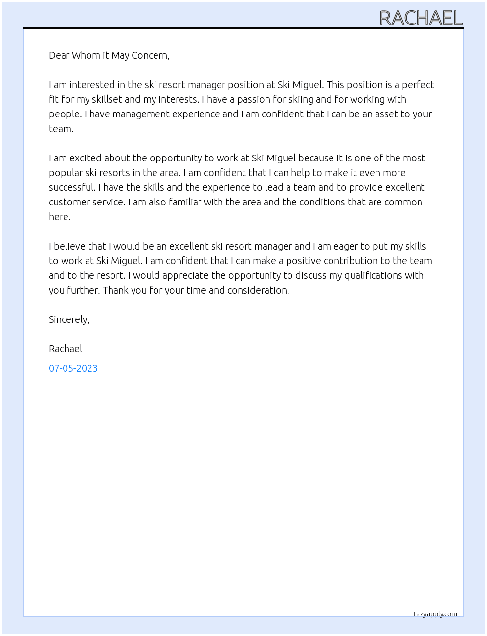 Ski resort manager At Ski Miguel Cover Letter