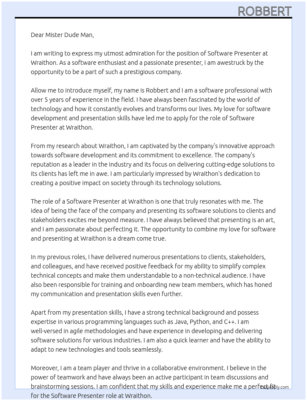 softwate prezesnter At wraithon Cover Letter