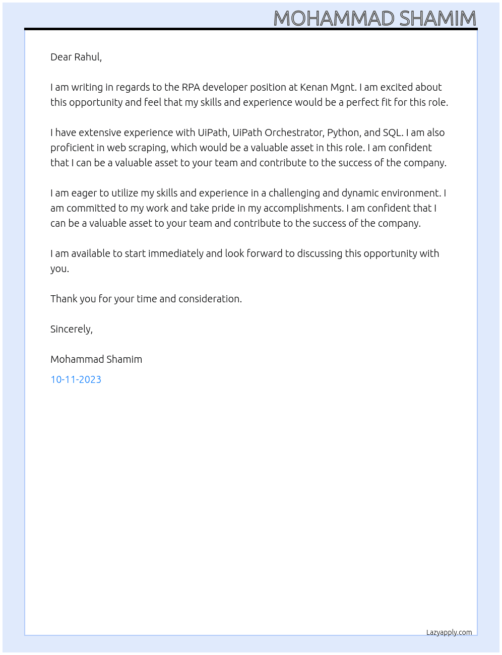 RPA developer  At Kenan Mgnt Cover Letter