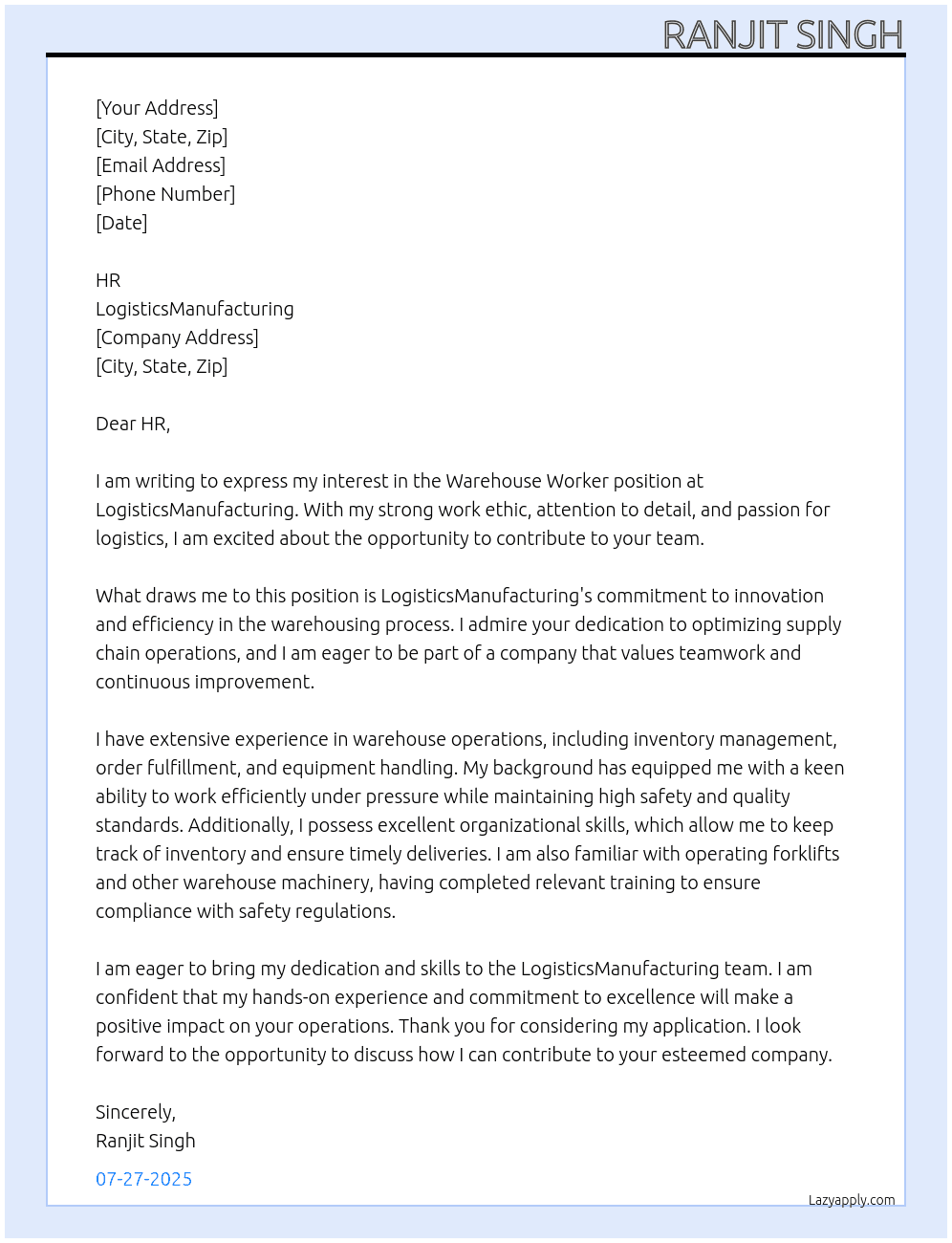 Warehouse Worker At LogisticsManufacturing Cover Letter