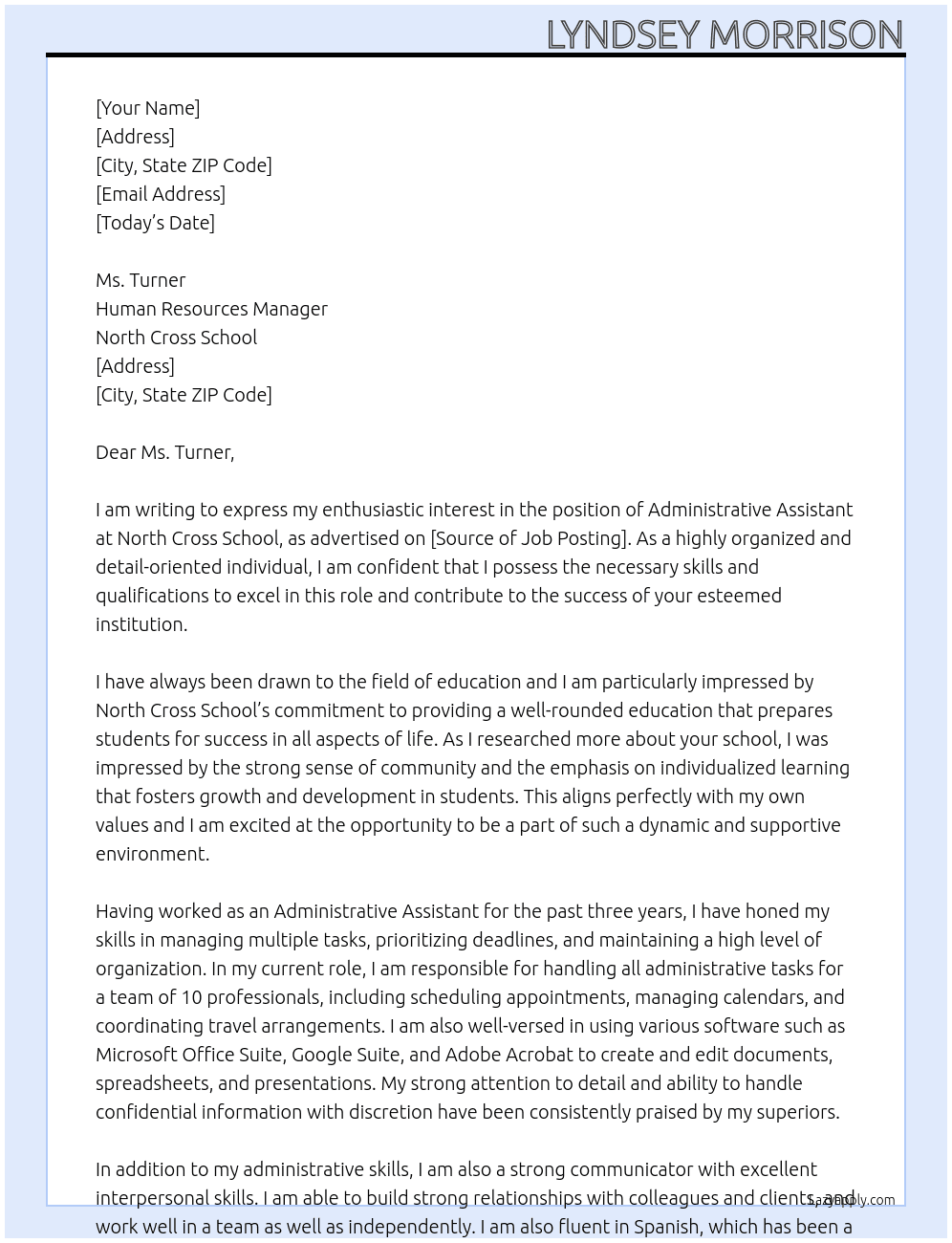 Administrative Assistant At North Cross School Cover Letter