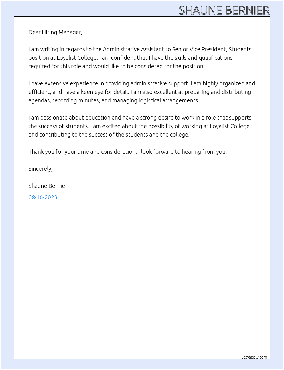 Administrative Assistant to Senior Vice President, Students At Loyalist College Cover Letter