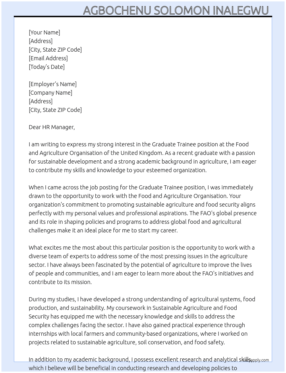 Graduate Trainee  At Food and Agriculture Organisation of the United Kingdom  Cover Letter