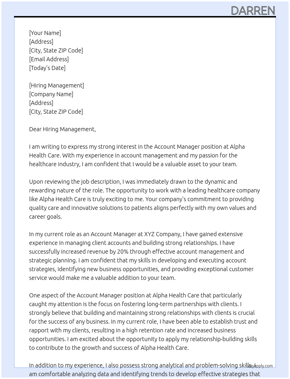 Account Manager At Alpha Health Care Cover Letter
