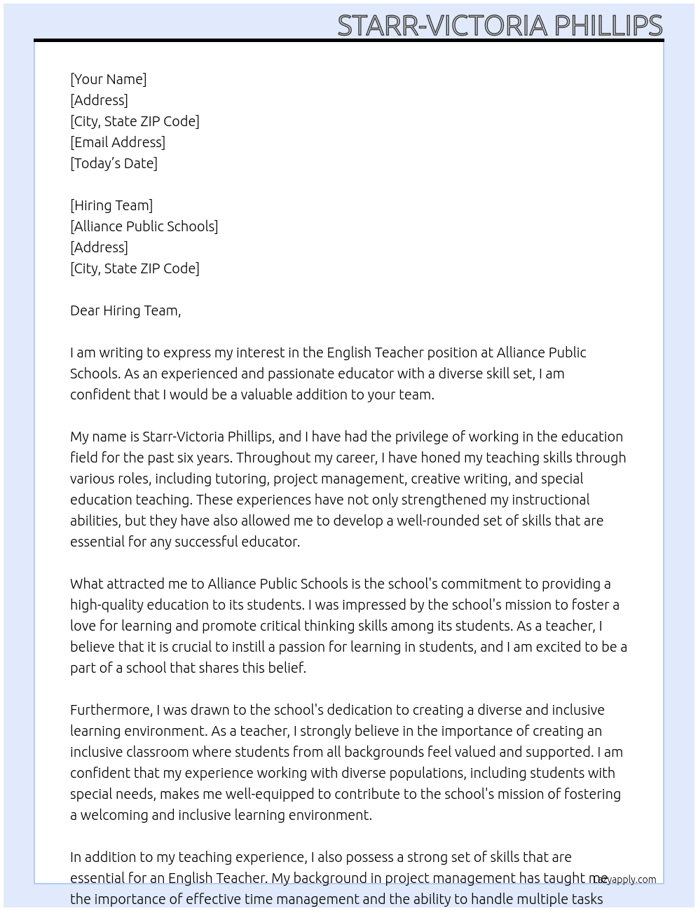 English Teacher  At Alliance Public Schools Cover Letter