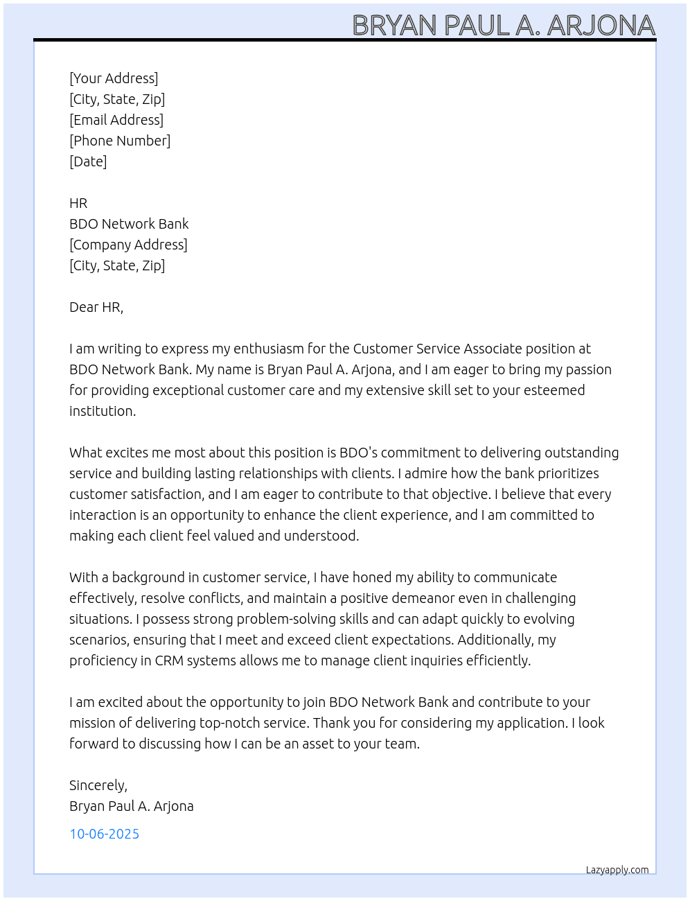Customer Service Associate  At BDO network bank Cover Letter