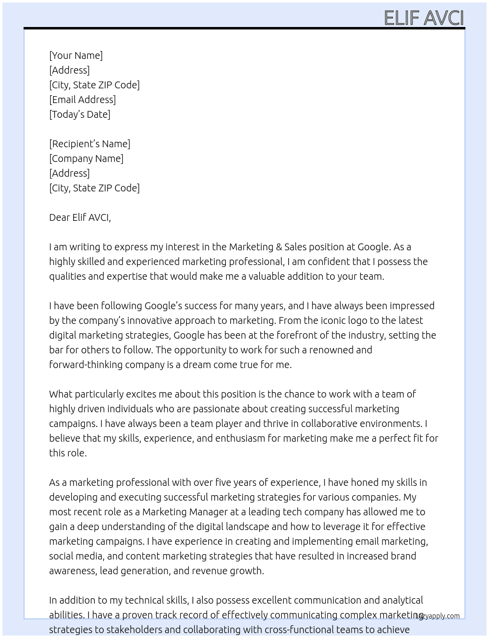 Cover letter for marketing & sales - LazyApply