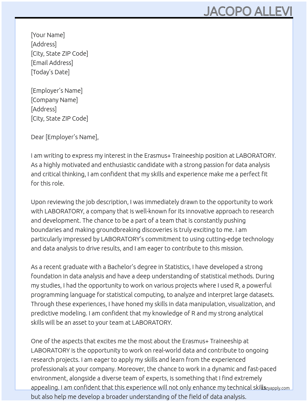 Cover letter for erasmus+ traineeship - LazyApply