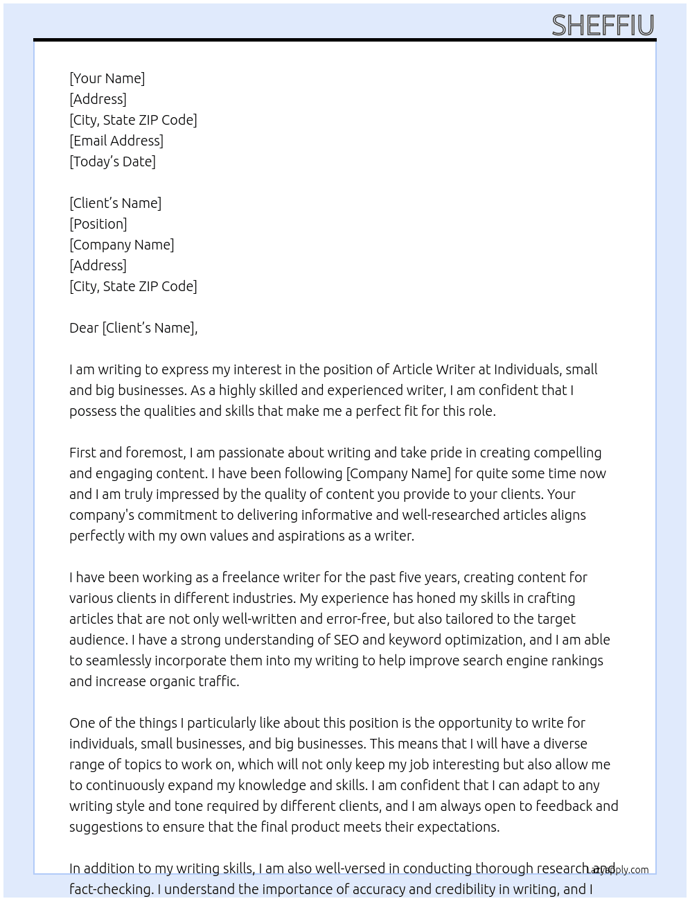 Article writer At Individuals, small and big businesses Cover Letter
