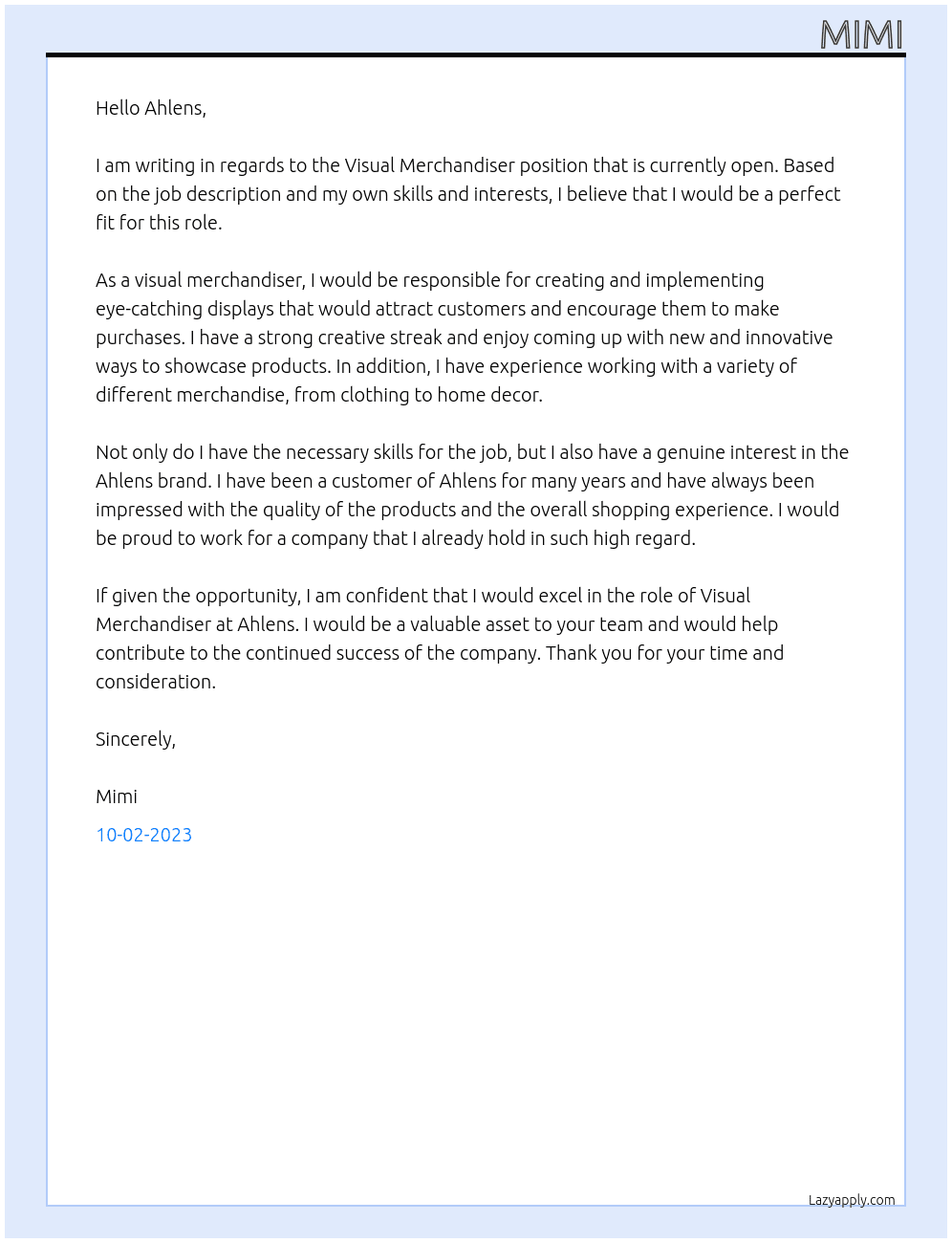 VISUAL MERCHANDISER At Ahlens Cover Letter