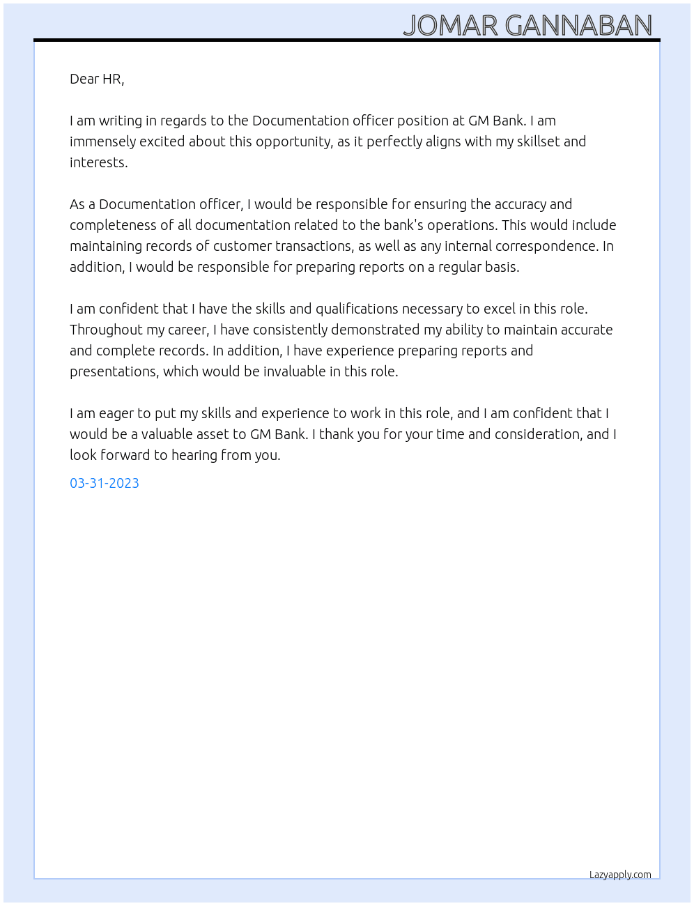 Documentation officer  At GM Bank Cover Letter