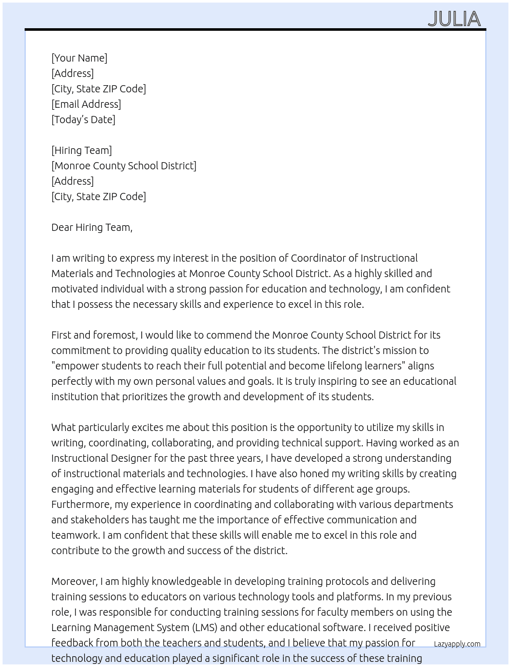 Coordinator Instructional Materials and Technologies At Monroe County School District  Cover Letter