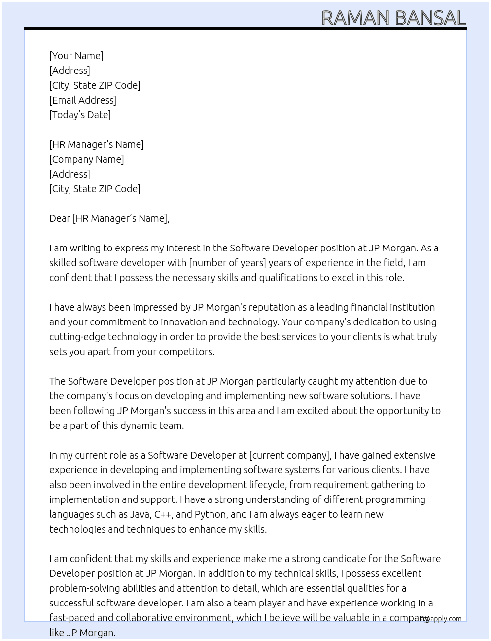 Software Developer At JP Morgon Cover Letter
