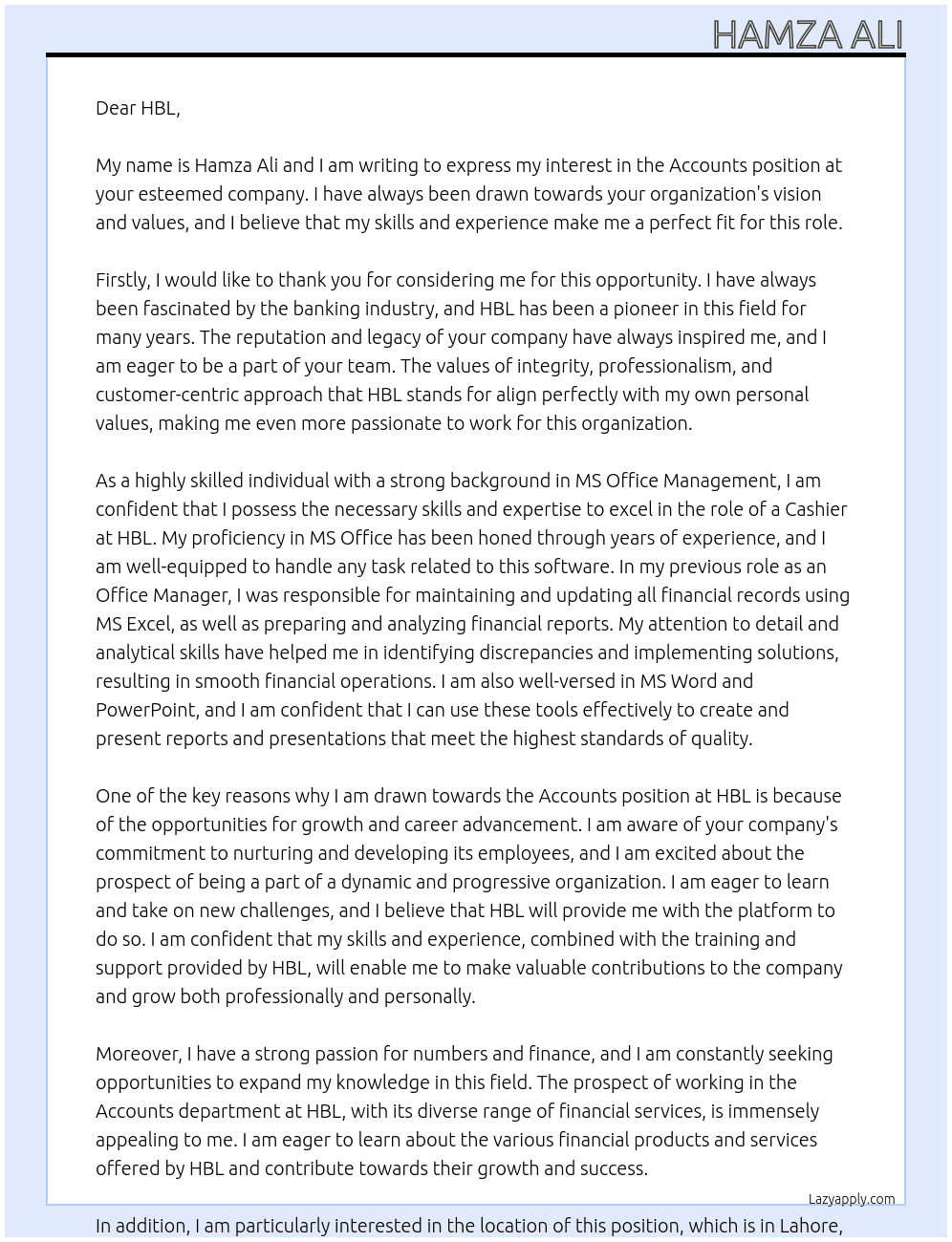 Accounts At HBL Cover Letter