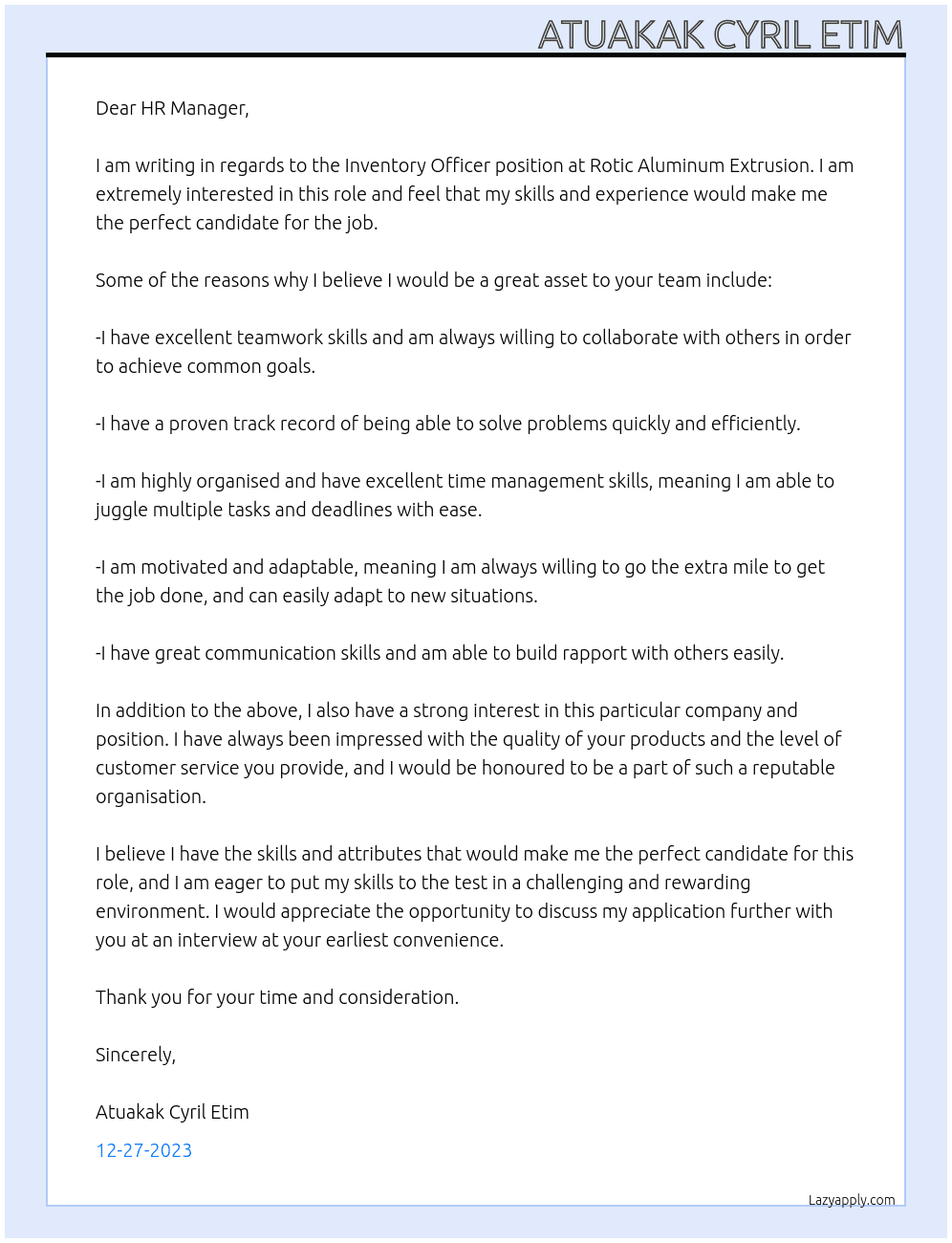 Inventory Officer At Rotic Aluminum Extrusion Cover Letter