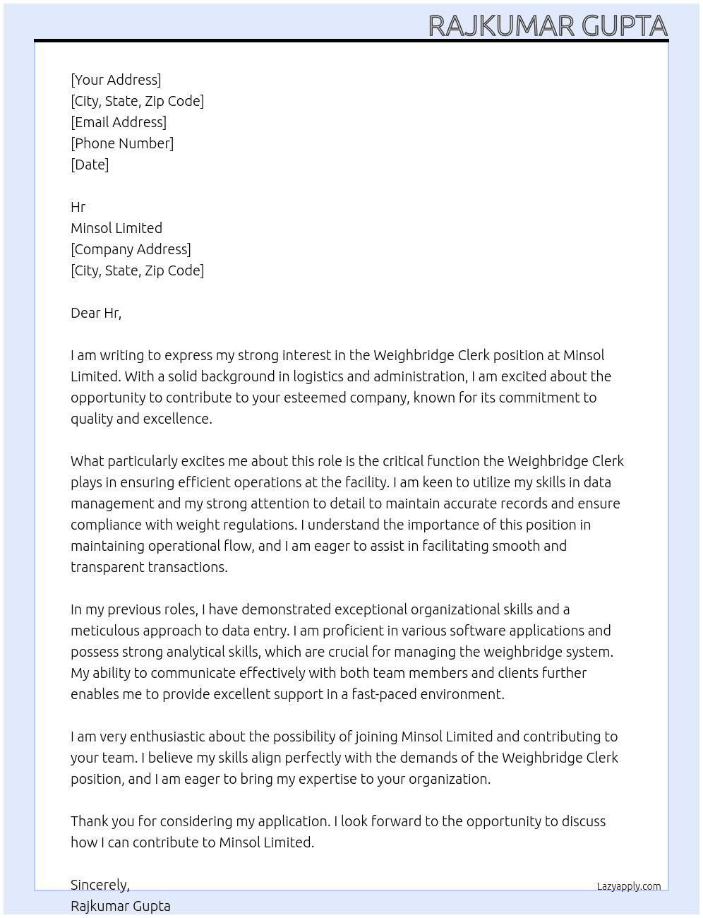 Weighbridge clerk At Minsol limited  Cover Letter