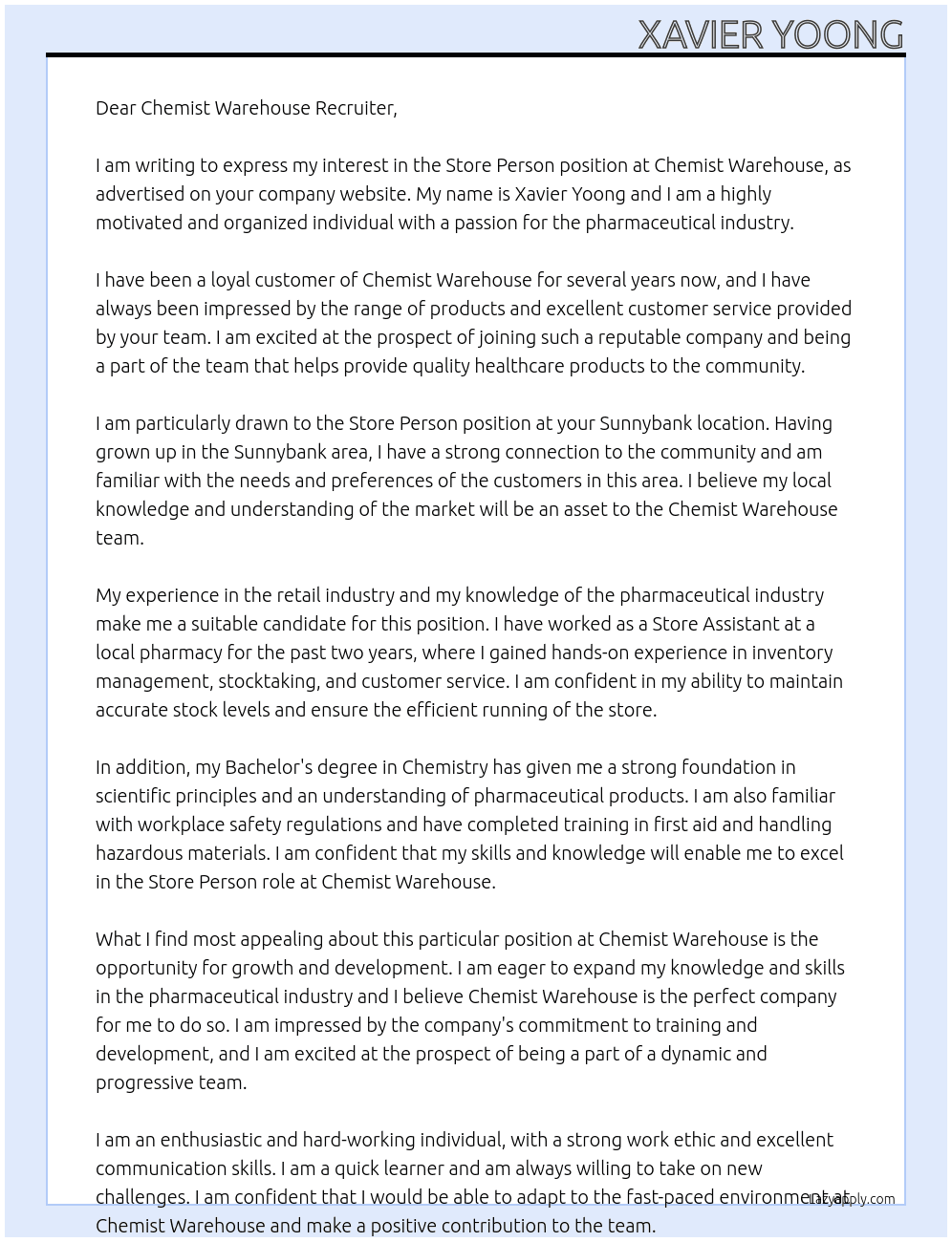 Store Person At Chemist Warehouse  Cover Letter