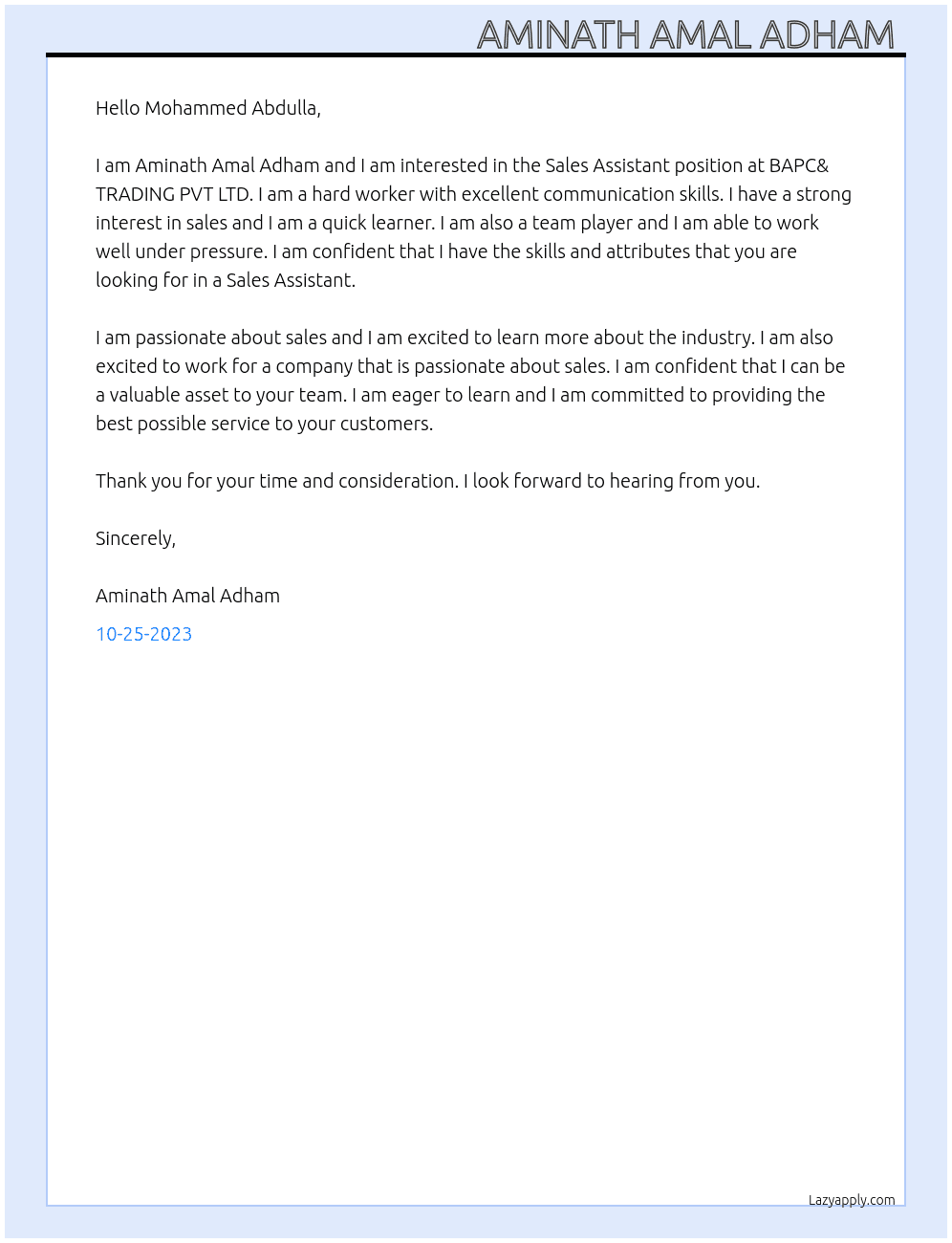 sales assistant  At BAPC& TRADING PVT LTD Cover Letter