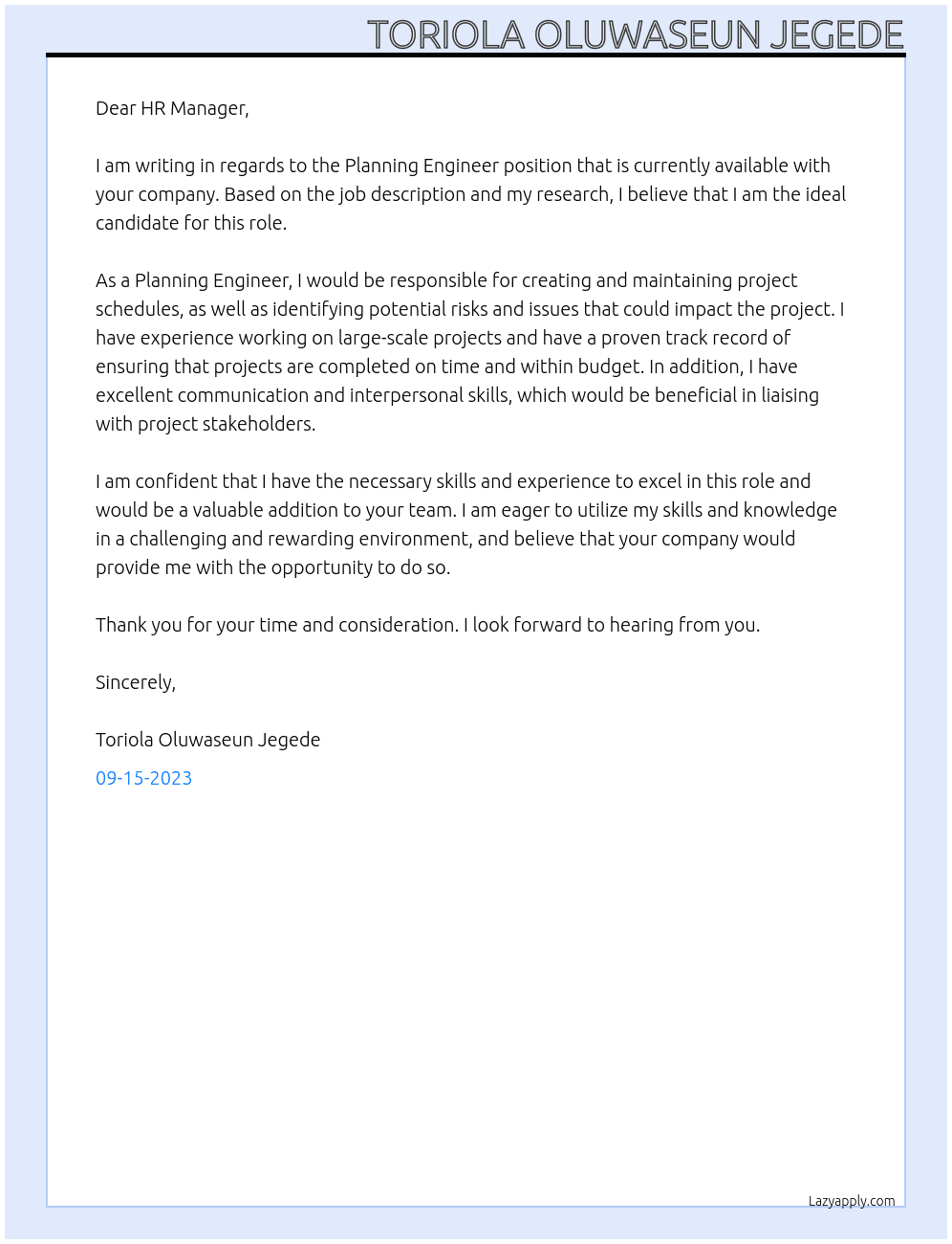 Planning Engineer At jegede4real2002@yahoo.co.uk Cover Letter