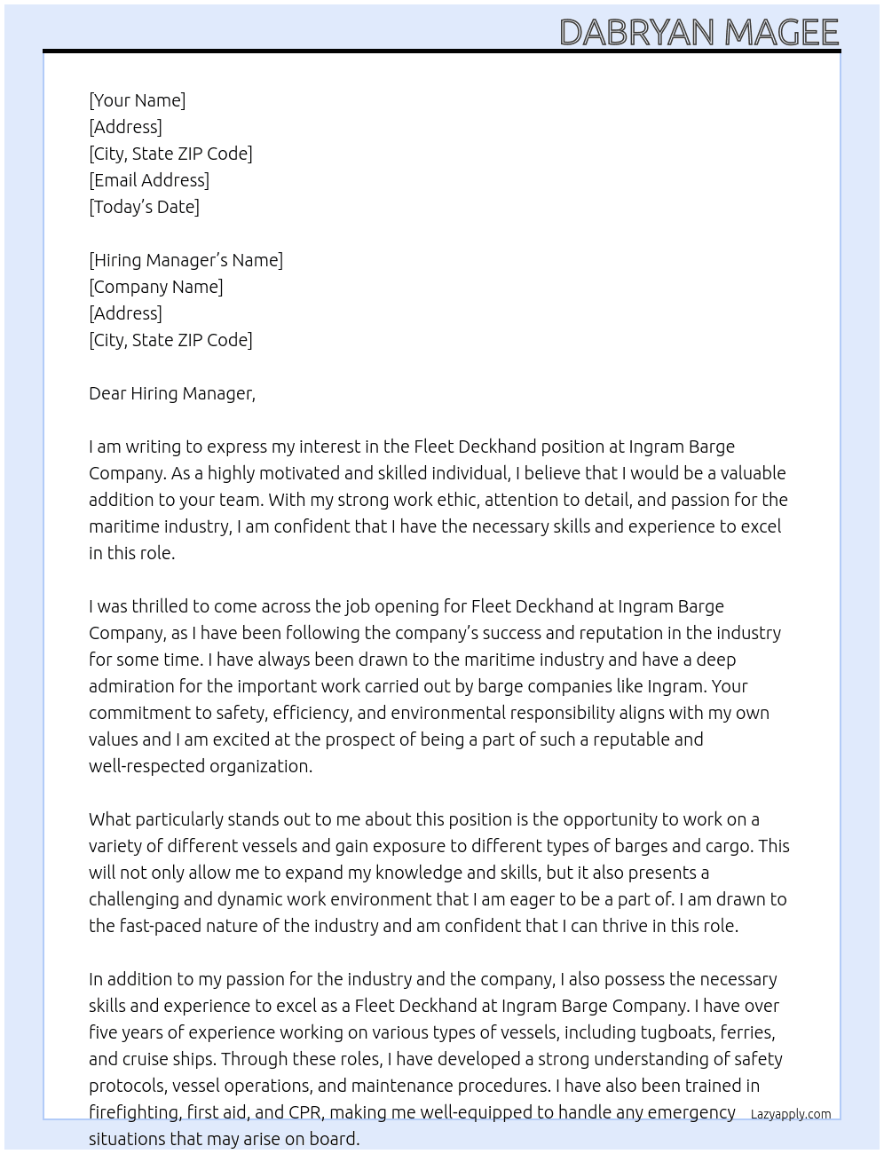 Fleet Deckhand  At Ingram Barge Company Cover Letter