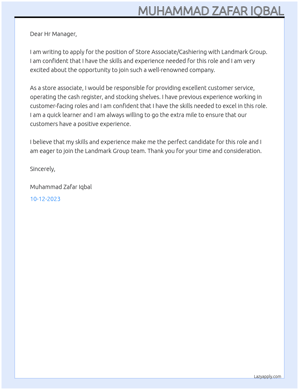Store Associate, Cashiering  At Landmark Group  Cover Letter