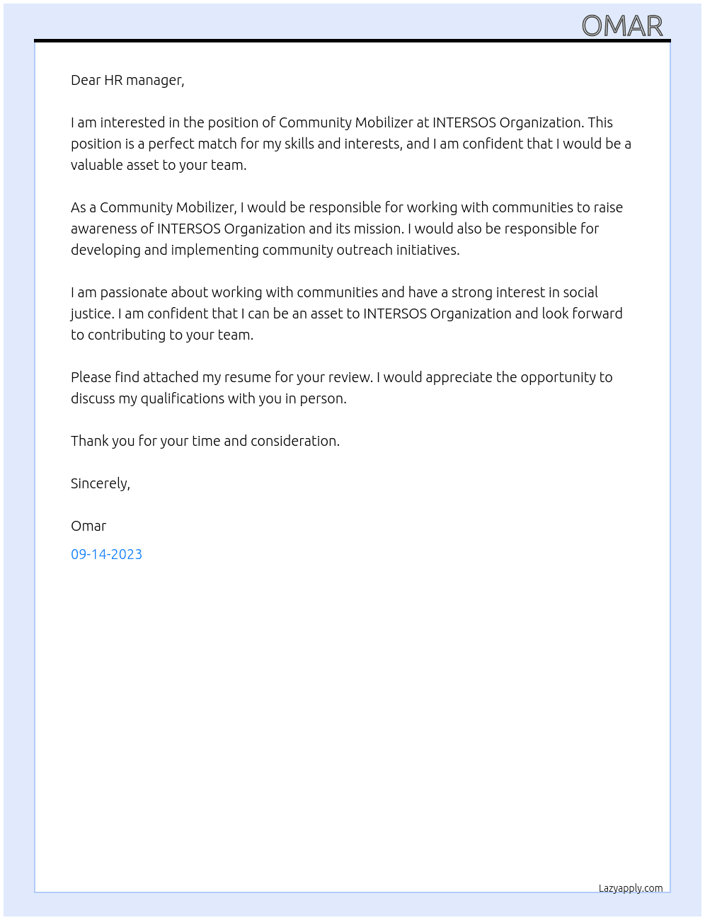 Community Mobilizer At INTERSOS Organization  Cover Letter