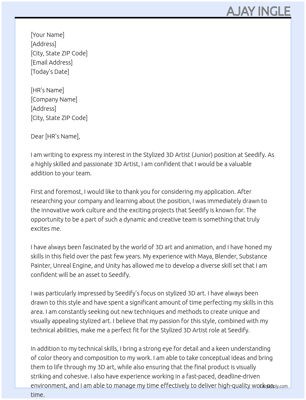 Stylized 3D Artist (Junior) At Seedify Cover Letter