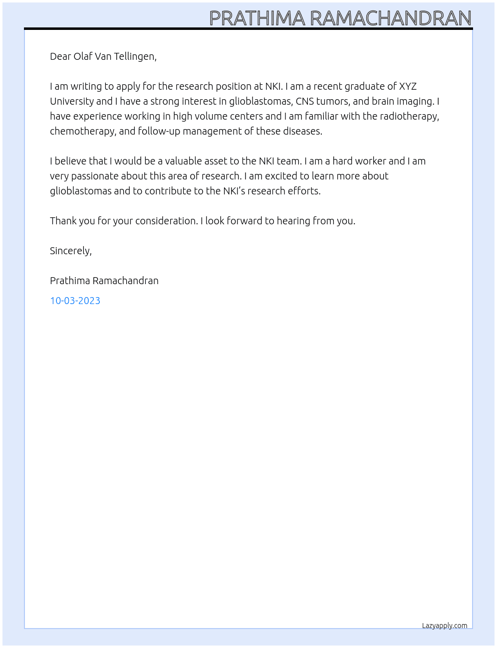 Research position At NKI Cover Letter