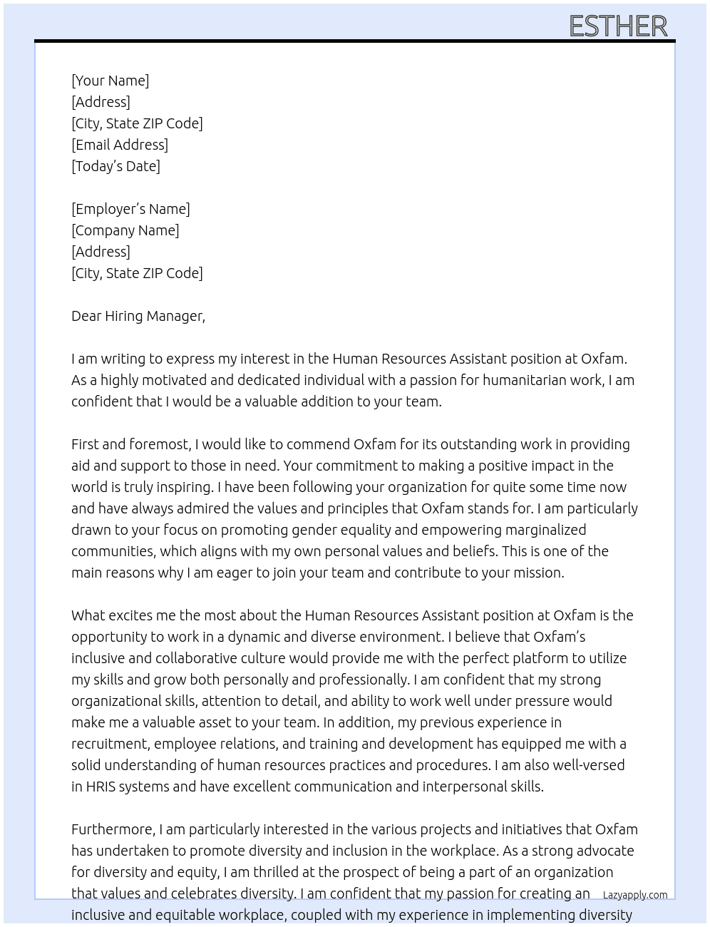 Human Resources Assistant At Oxfam Cover Letter