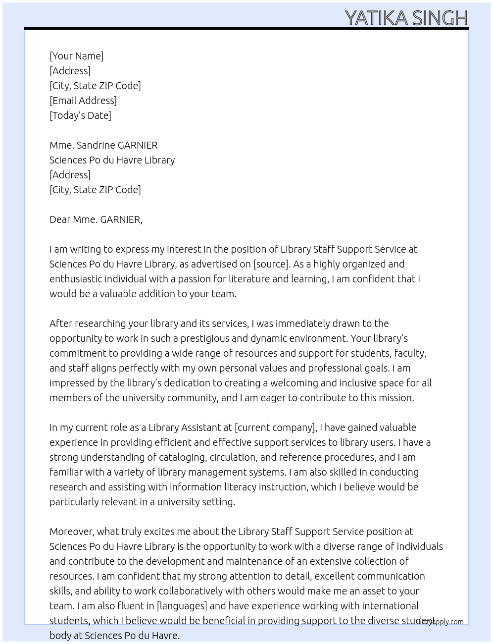 Library Staff Support Service At Sciences Po du Havre Library Cover Letter