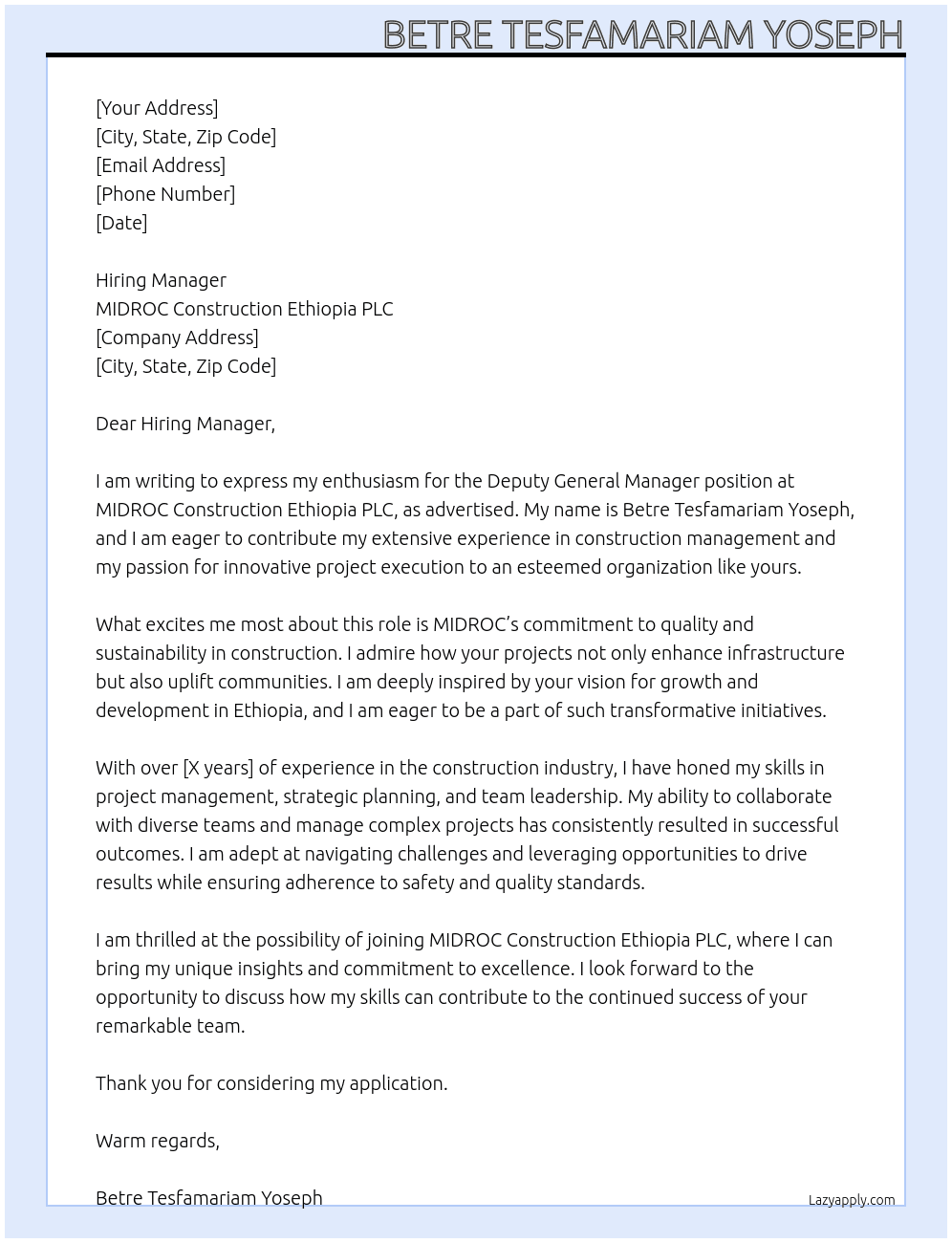 Deputy G. Manager At MIDROC Construction Ethiopia PLC Cover Letter