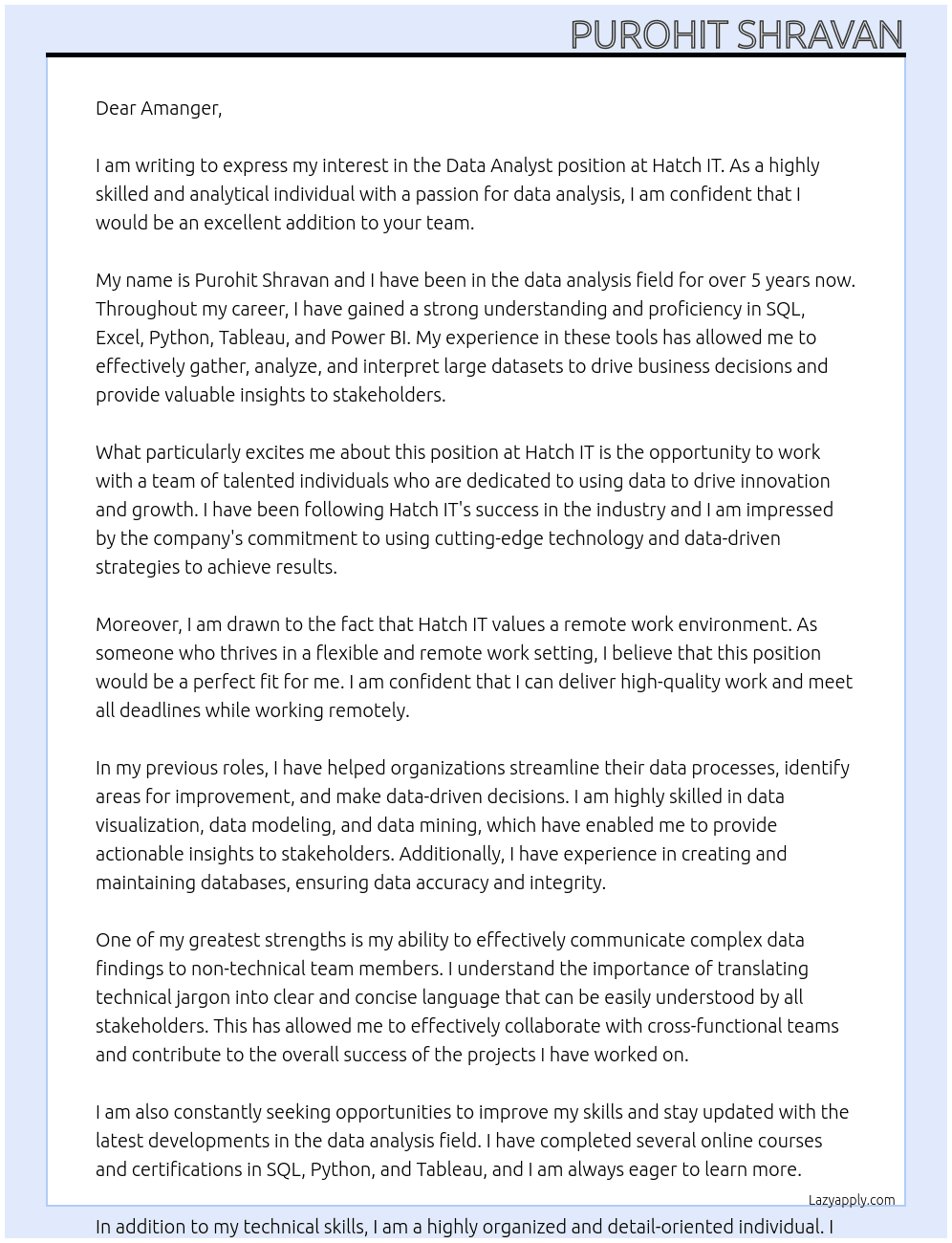 Data Analyst At hatch IT Cover Letter