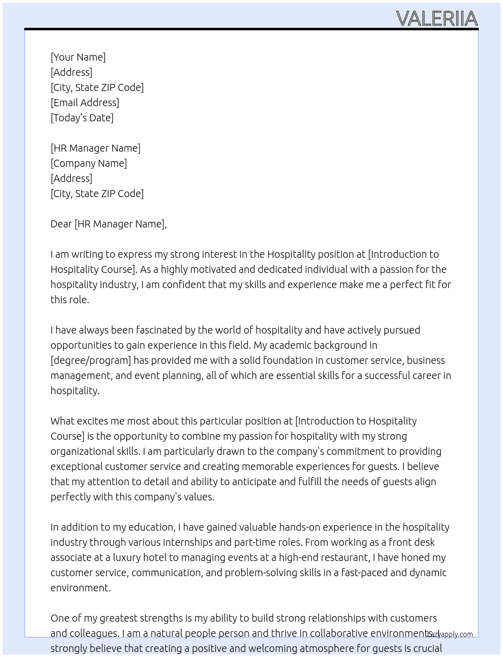 Hospitality At Introduction to hospitality course  Cover Letter
