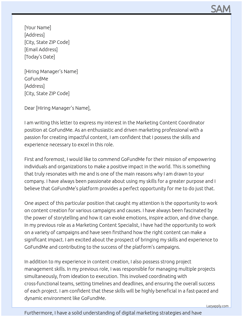 Marketing Content Coordinator At GoFundMe Cover Letter