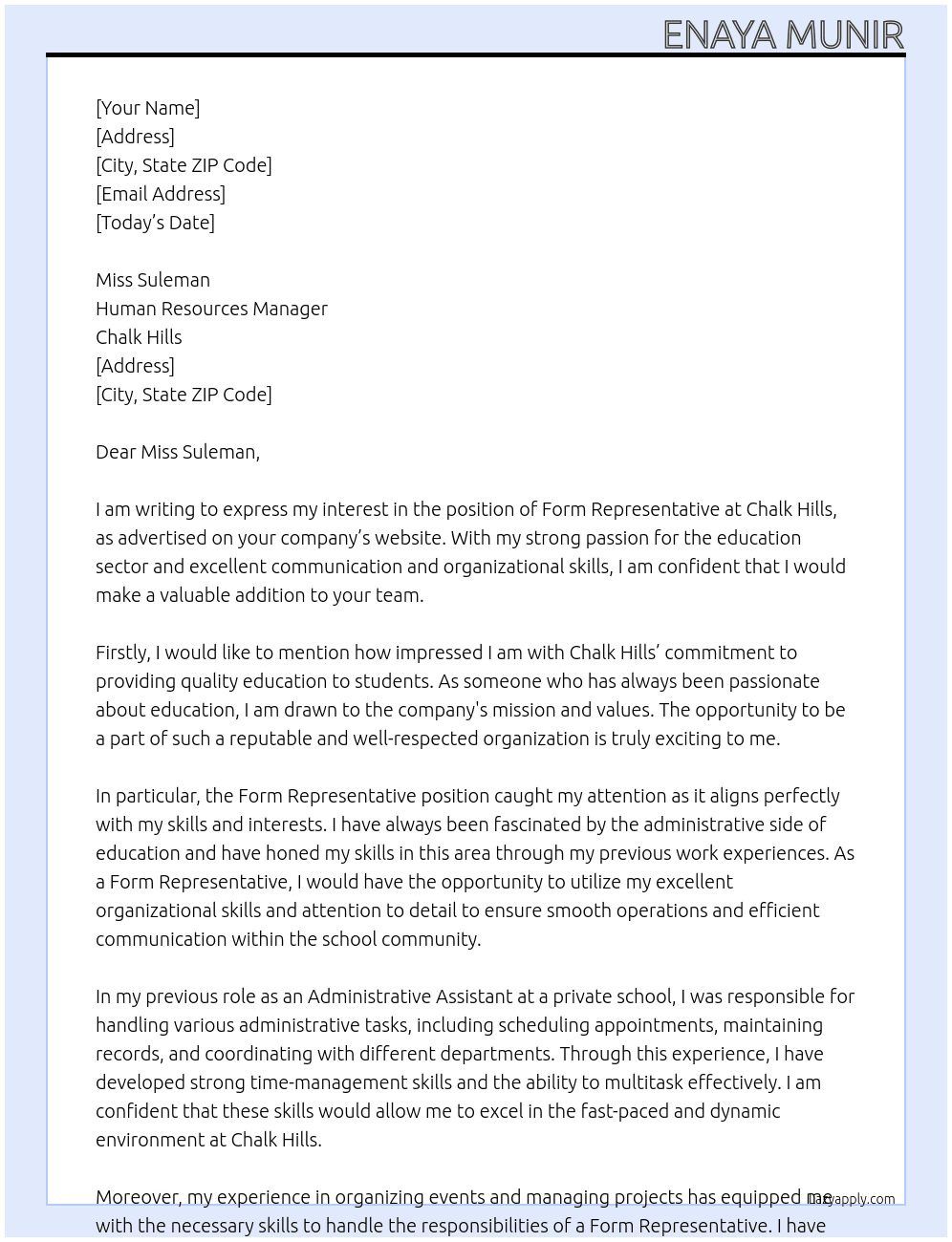 form representive At chalk hills Cover Letter