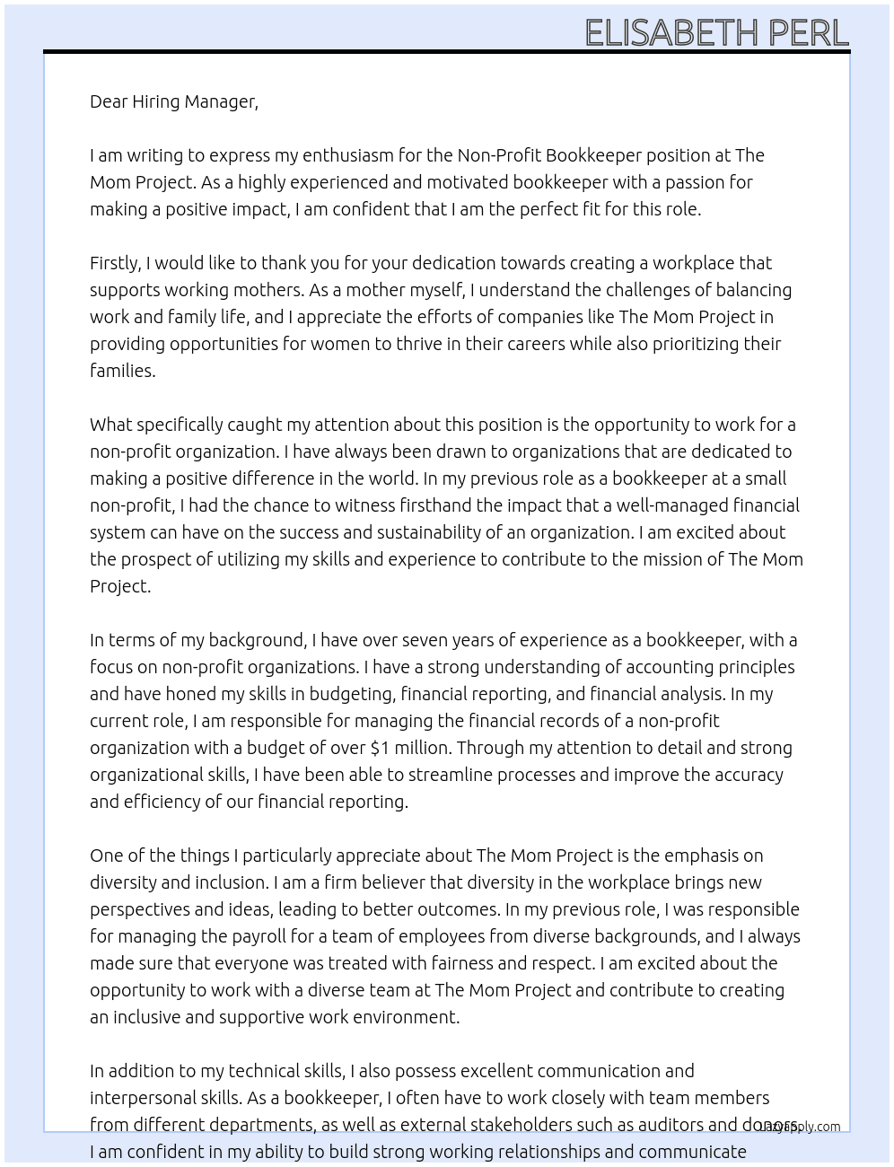 Non- Profit Bookkeeper  At The Mom Project  Cover Letter