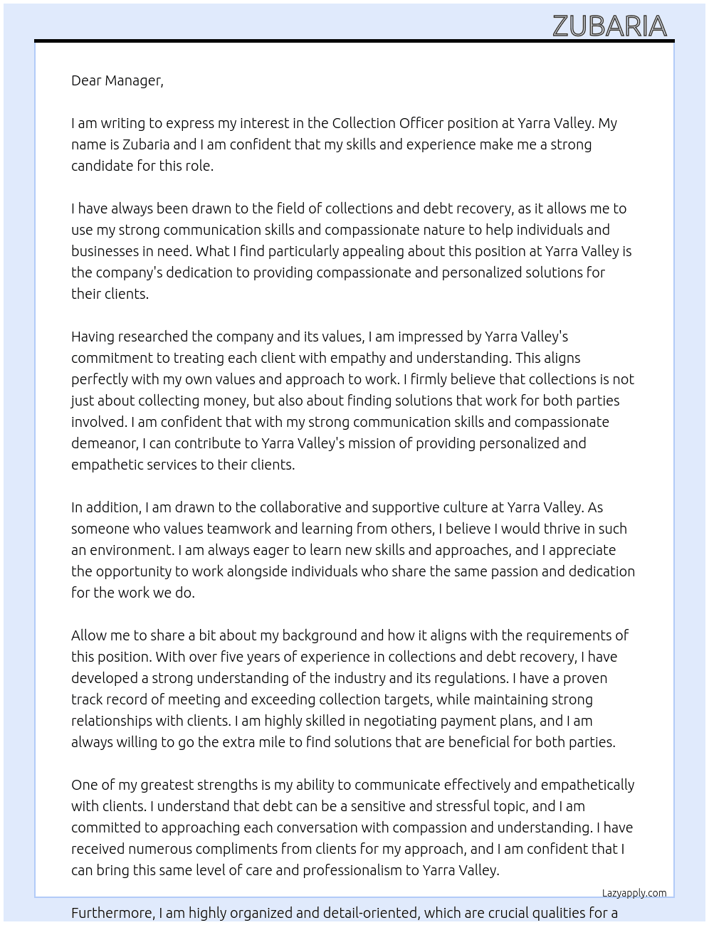 Collection officer At Yarra vallay Cover Letter