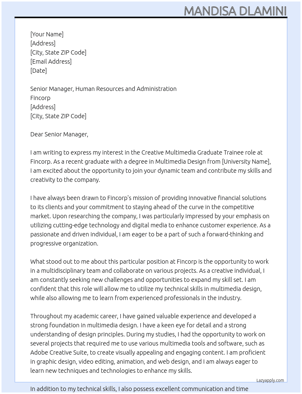 Creative Multimedia  At Fincorp  Cover Letter