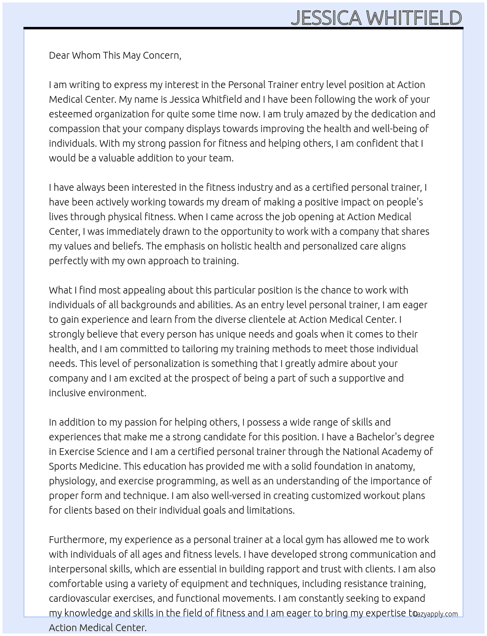Personal trainer entry level At Action medical center Cover Letter