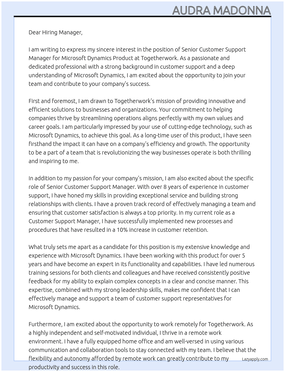 Senior Customer Support Manager (Microsoft Dynamics Product) (Remote- US Based) At Togetherwork Cover Letter