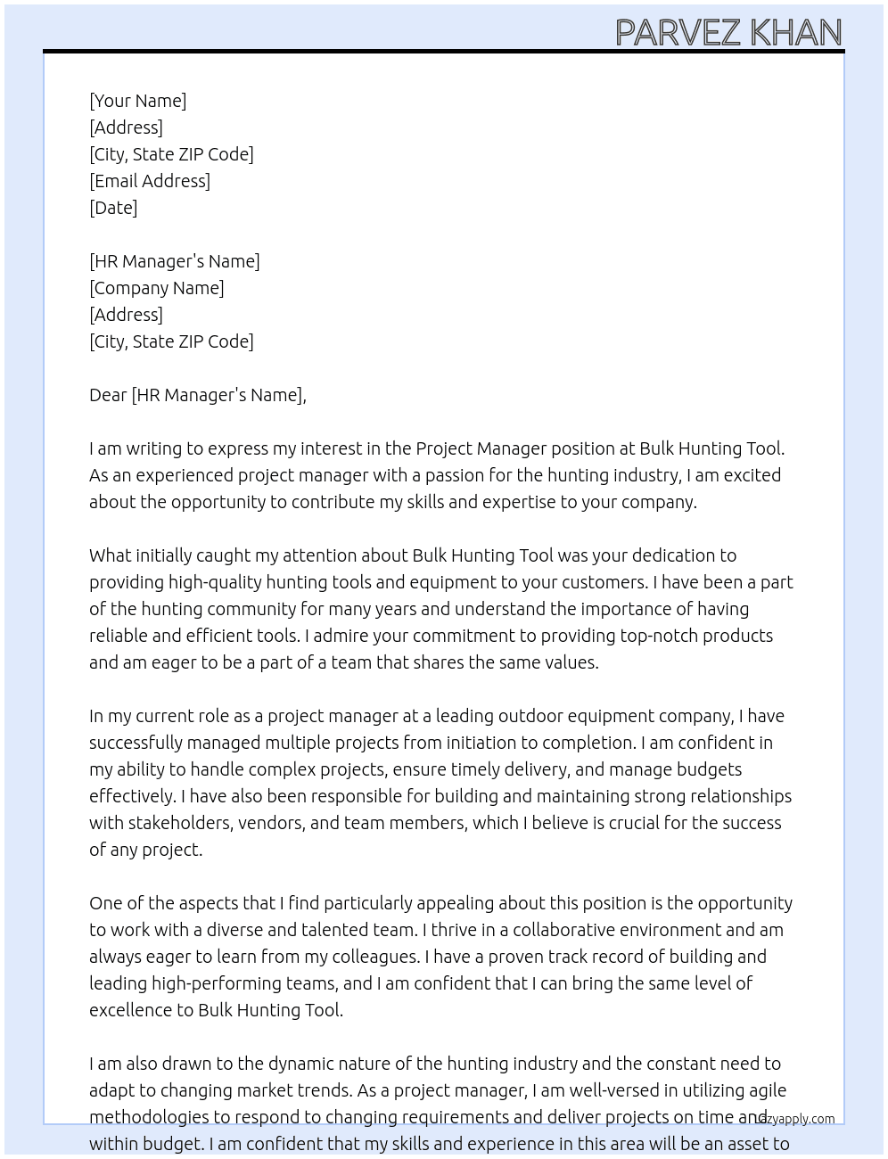 Project manager At Bulk hunting tool Cover Letter