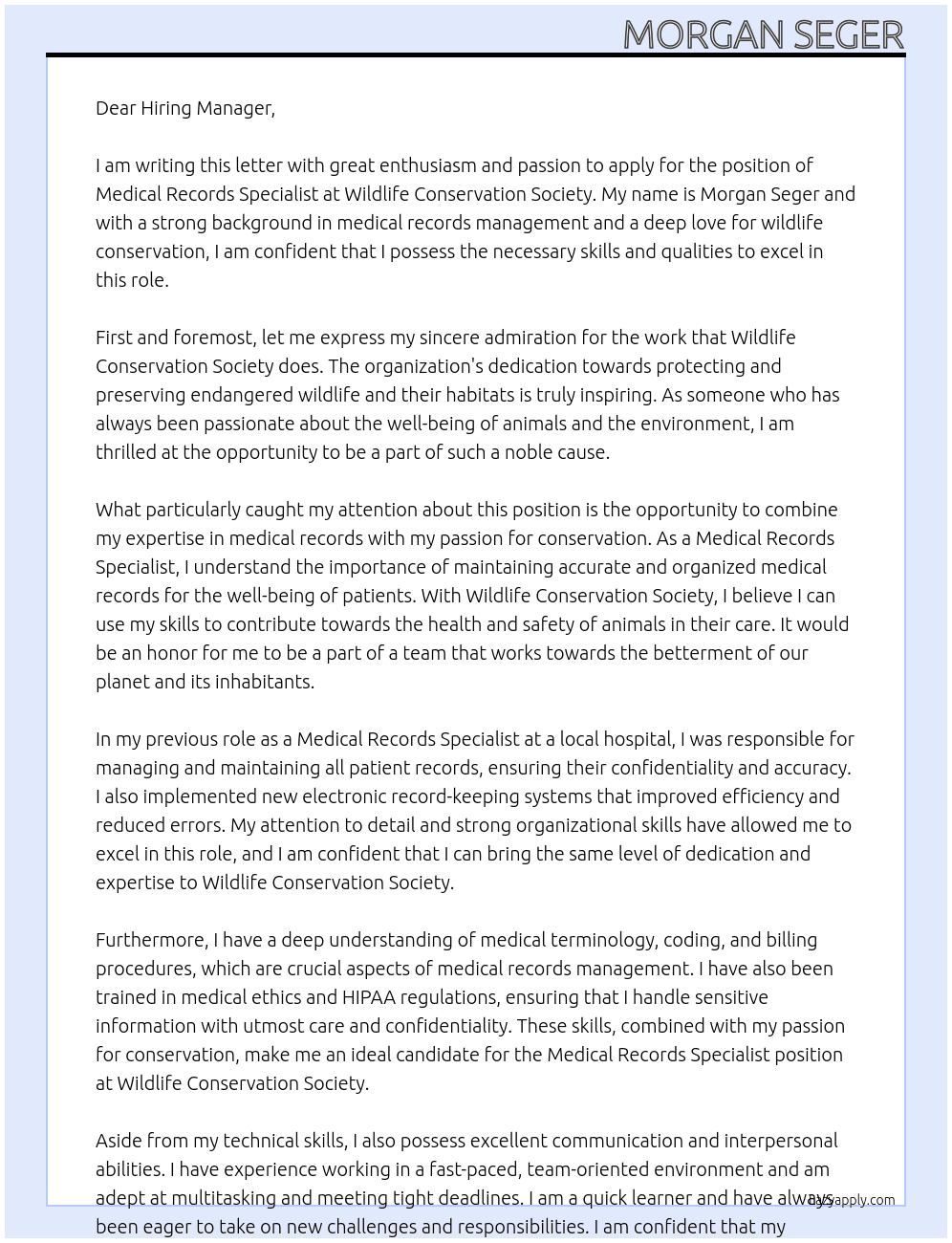Medical Records Specialist At Wildlife Conservation Society Cover Letter