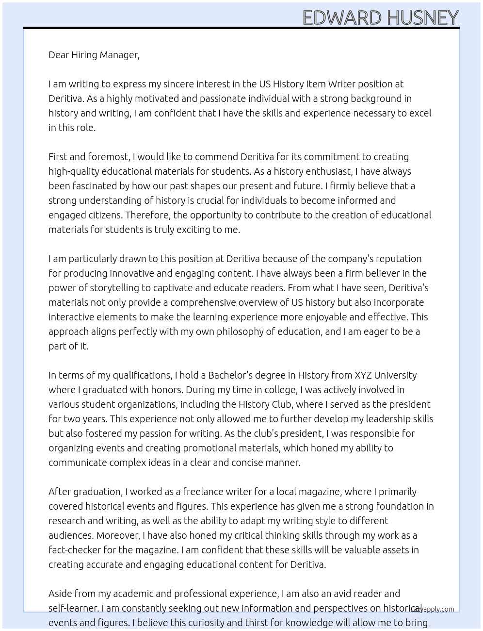 US History Item Writer At Deritiva Cover Letter