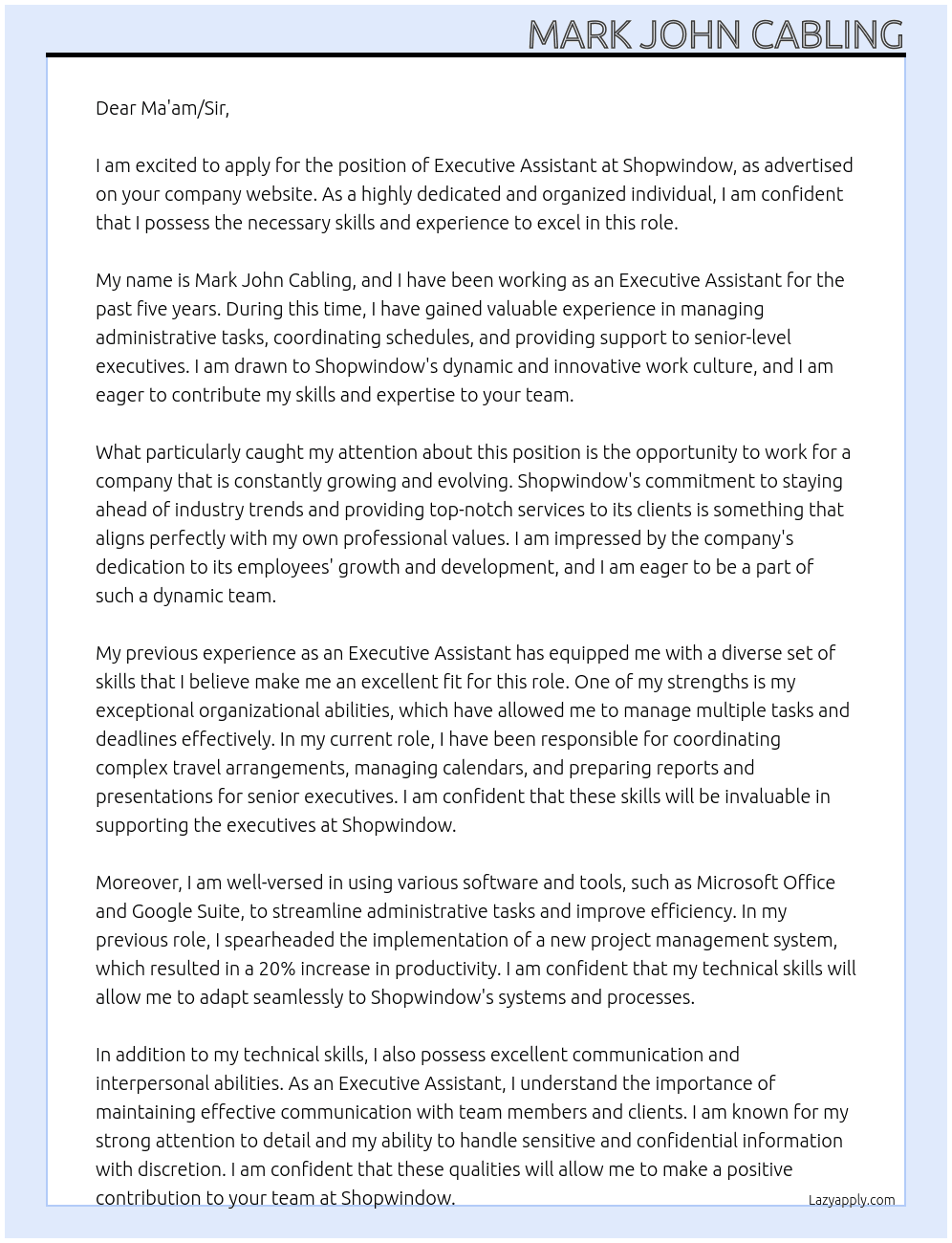 Executive Assistant At Shopwindow Cover Letter