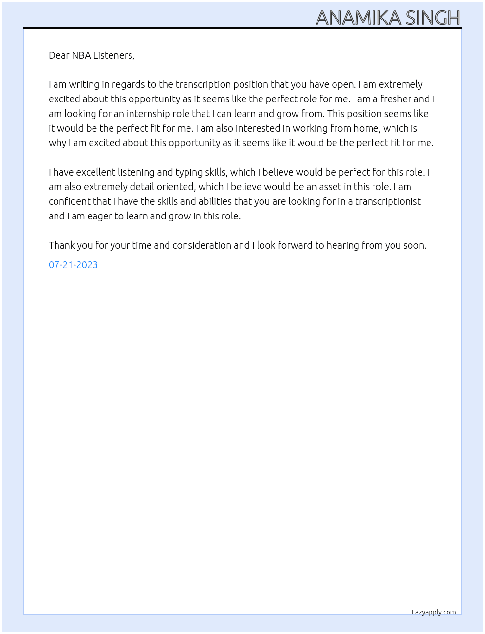 Transcription At NBA Listeners Cover Letter