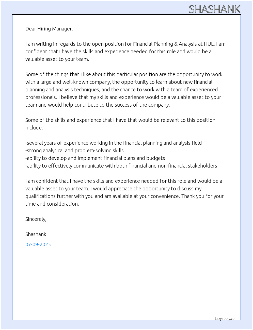 Financial Planning & Analysis At HUL Cover Letter