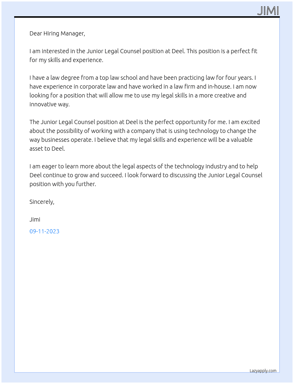 Junior Legal Counsel At Deel Cover Letter