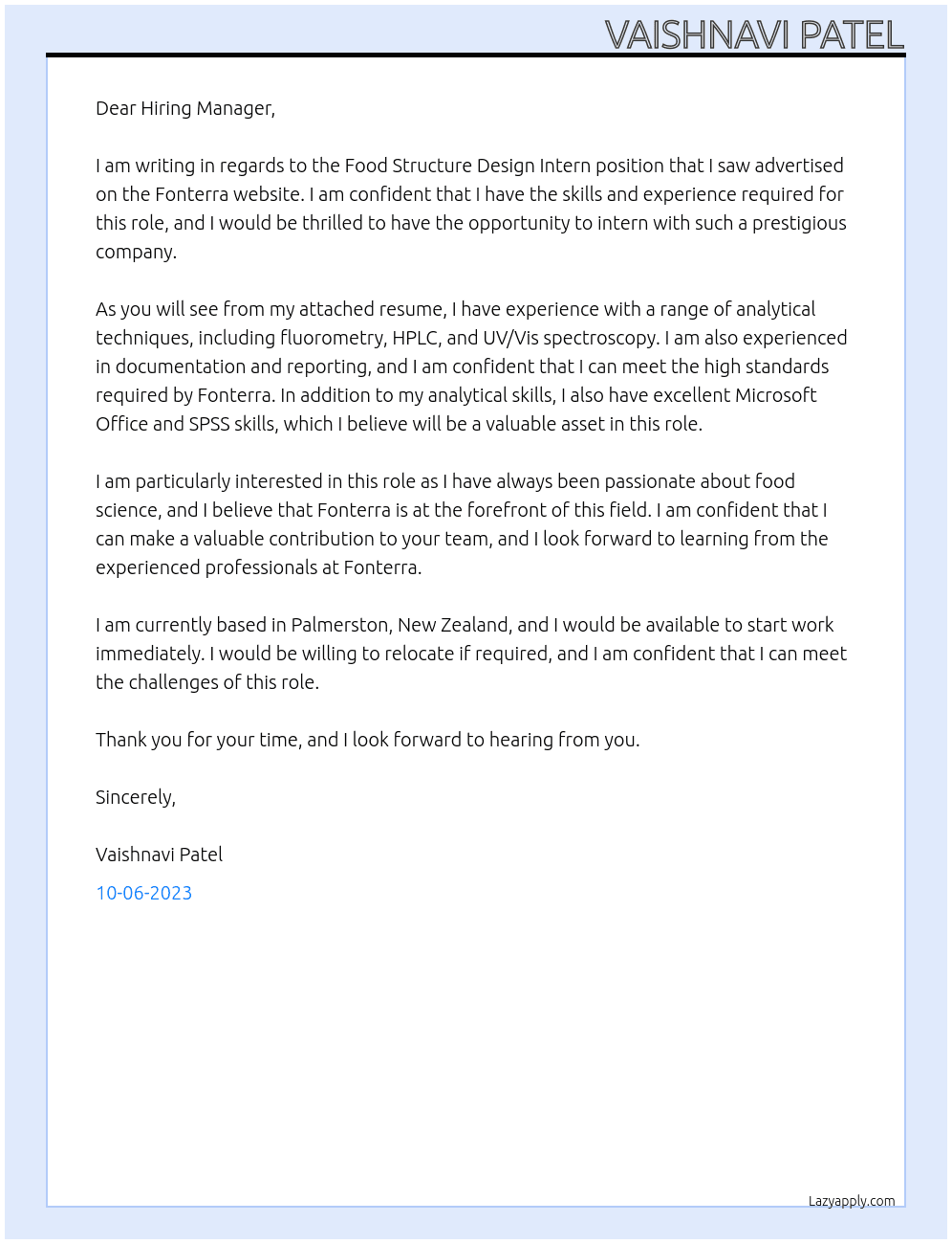 Food Structure Design Intern At Fonterra Cover Letter